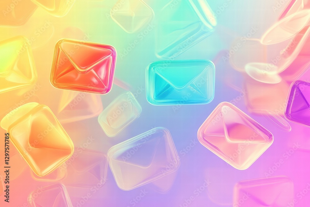 Aufkleber Colorful envelopes floating against a vibrant gradient background with a dreamy atmosphere of communication. Generative AI
