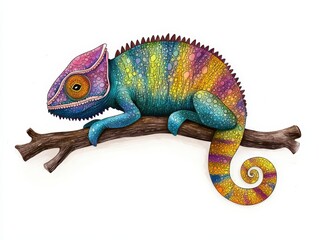 Fototapeta premium A vibrant chameleon illustration resting on a branch, showcasing colorful patterns and textures, perfect for nature-themed art.