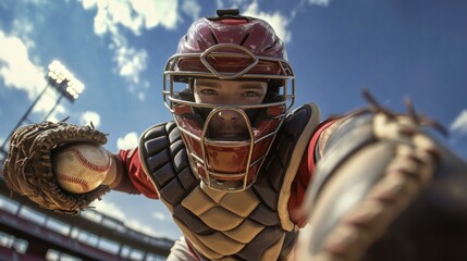 Catcher in Action Under Stadium Lights