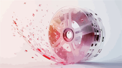 The image depicts a stylized pink and red film reel positioned at a three-quarter angle against a white background. A dynamic stream of abstract, pixelated shapes in shades of pink and red emanates