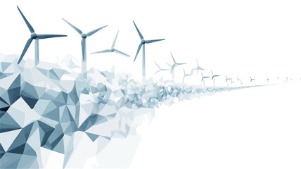 The image is a digital illustration depicting a series of stylized wind turbines rendered in a low-poly, abstract style.  The turbines are light blue and grey, set against a predominantly white