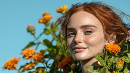 Naklejka premium Beautiful Woman with Freckles Red Hair and Flowers