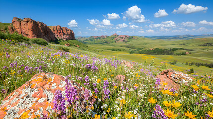 Fototapeta premium Wildflower meadow, red rock hills, sunny day, scenic landscape