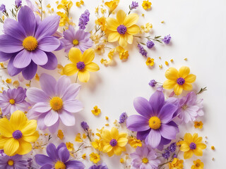 Abstract glow soft Flowers composition. Yellow and purple flowers on white background. Spring, easter concept