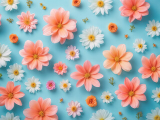 Obraz premium Abstract glow blur Flowers composition. Pattern made of colorful flowers on pastel blue background