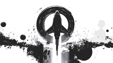 A monochrome abstract graphic depicting a spacecraft positioned centrally within a peace symbol. The spacecraft is stylized, resembling a rocket or jet, and is rendered in grayscale with varying