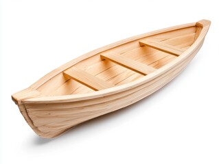 Wooden rowboat on white background, light wood, simple design, empty, classic shape, nautical theme, studio shot, natural light, craftsmanship