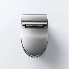 Top view of a sleek, modern toilet seat with a polished silver finish, reflecting light against a minimalistic white background.