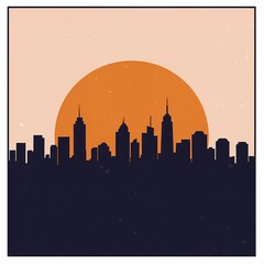 Fototapeta premium Minimalist city skyline silhouette with orange sun.