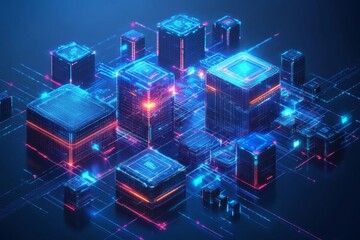 conceptual illustration of futuristic city buildings connected by glowing digital pathways in shades of blue, Generative AI