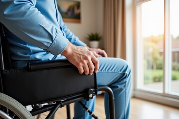 Fototapeta premium A Middle-Aged Caucasian Male in Light Blue Attire Relaxing in a Wheelchair by a Sunny Window, Emphasizing Mobility and Independence in Home Environment