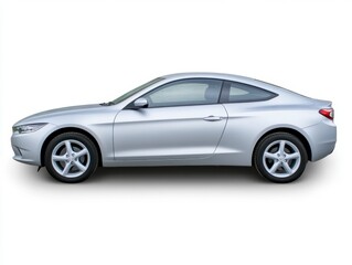 Obraz premium Silver coupe, side profile view, isolated on white background. Clean lines, sleek design, modern sports car aesthetic. Studio shot, showcasing