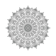 An intricate mandala illustration with floral and geometric patterns, rendered in black and white illustration. Ideal for coloring or decor. symmetry, ethnic, inspiration, invitation, lifestyle