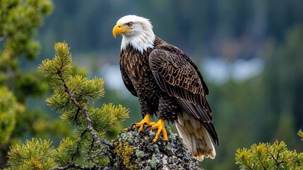 A stunning bald eagle stands proudly on a rugged rock, its sharp gaze fixed on the horizon. Lush trees surround this majestic bird in a peaceful natural setting, embracing the calm of dusk.