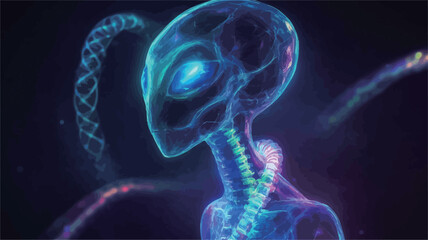 Close-up digital illustration of an alien being. The creature is depicted with a translucent, bioluminescent body, revealing an internal skeletal structure.  The color palette is predominantly