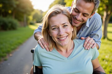 Obraz premium Cheerful Middle-Aged Woman in Wheelchair Enjoying a Park Stroll with Supportive Male Friend on a Sunny Day