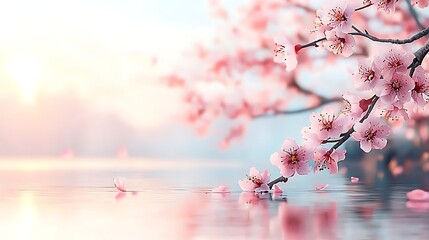 Fototapeta premium Morning serenity reflecting cherry blossoms in a tranquil natural environment