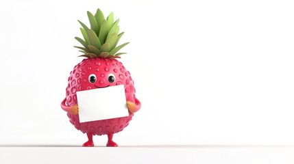 Cute and adorable strawberry cartoon character holding blank board standing on plain white background attractive visual for children, concept of caring for children's nutrition