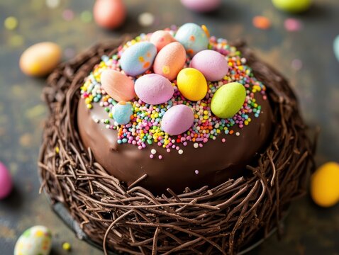 Easter celebration chocolate cake nest with colorful eggs kitchen dessert photography festive atmosphere close-up sweet treats