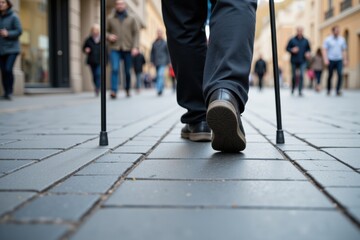 An older man with mobility assistance walking through a bustling city street, showcasing the dynamics of urban life and the importance of accessibility for seniors.