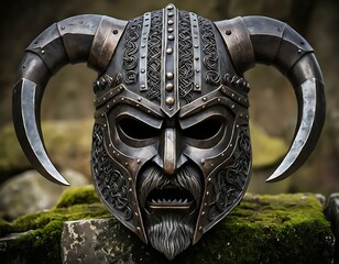 Detailed Viking Helmet with Horns on Mossy Stone Outdoors