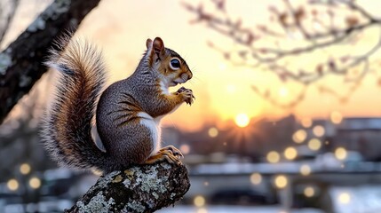 Obraz premium Sunset Squirrel Fluffy Tail Tree Branch Golden Hour Wildlife Nature