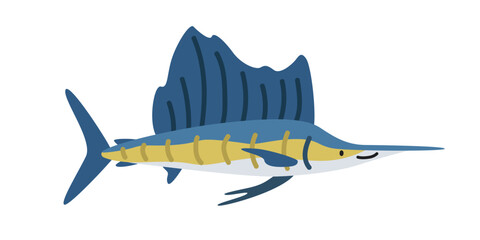 Sailfish cartoon clipart. Cute billfish or sailfish (Istiophorus) vector illustration. Animal in flat style. Sea animals concept isolated on white background