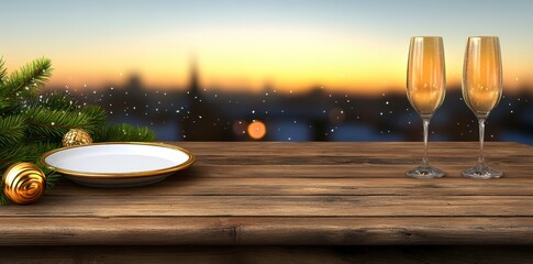 Rustic wooden table set for two with gold rimmed plates, evergreen branches, and two champagne flutes against a blurred winter sunset cityscape