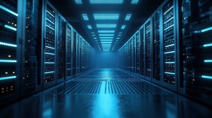 Network and information systems in a modern data center with dynamic lighting, showcasing technology and connectivity