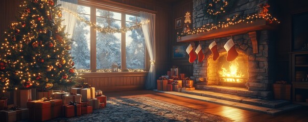 Obraz premium cozy Christmas morning scene with stockings hanging by a lit fireplace and presents arranged under a glowing tree, Generative AI