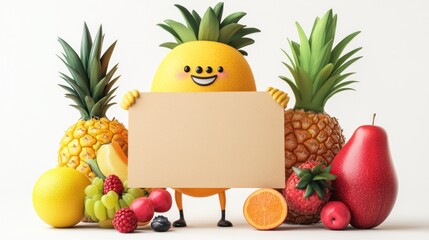 Cute and adorable strawberry cartoon character holding blank board standing on plain white background attractive visual for children, concept of caring for children's nutrition