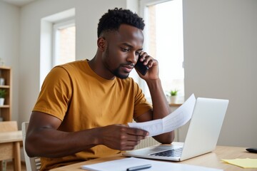 Obraz premium Young African American Male Engaged in Remote Work from Home, Conducting Phone Call While Reviewing Documents on Laptop at a Bright Office Space