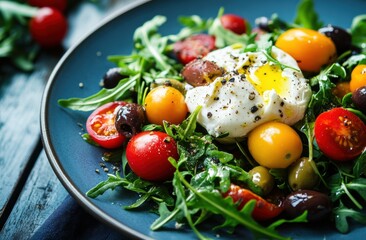 Preparing a fresh salad with egg kitchen table food photography bright setting close-up view healthy eating concept
