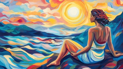 Vibrant Sunrise Over Ocean with Seated Figure