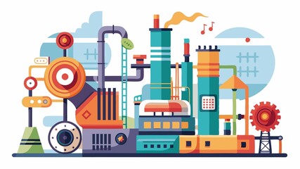 The rhythmic mechanical sounds of the machines are implied, adding to the industrial atmosphere.