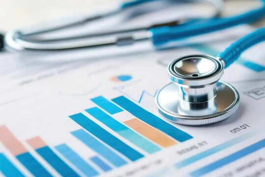 Stethoscope on financial and medical reports with laptop, highlighting data-driven healthcare decisions