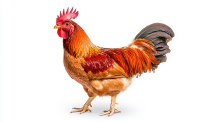 Fototapeta premium A rooster, predominantly reddish brown with flecks of darker brown feathers, stands against a clean white background. Its plumage is detailed