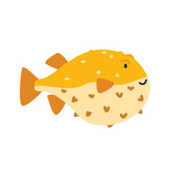 Pufferfish cartoon clipart. Cute yellow blowfish or pufferfish vector illustration. Animal in flat style. Sea animals concept isolated on white background
