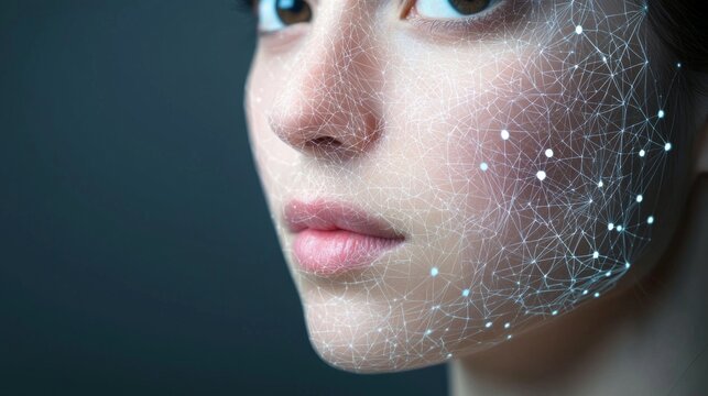 Futuristic Portrait of a Young Woman with Geometric Digital Overlay Illustrating Concepts of Technology and AI Innovation