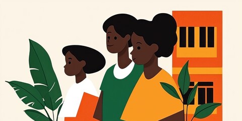 Three women stand together, surrounded by greenery, with a colorful building in the background, depicting unity and community.