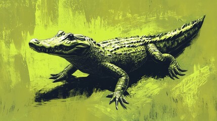 A vivid portrayal of an alligator’s head and torso. Its gaze sharpens from a subtly tilted face; mouth agape, poised for action amidst natural hues and textures