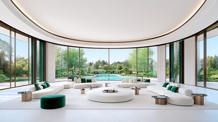 Fototapeta premium Luxurious Modern Living Room Design with Panoramic Pool View White Sectional Sofa and Green Accents
