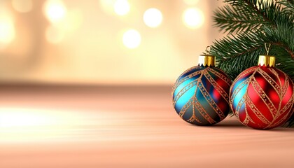 Two ornate Christmas ornaments in red and blue, resting on a light brown wooden surface with a blurred bokeh background and pine branch