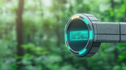 A futuristic device with a glowing interface is positioned amidst a lush forest, merging technology with nature.