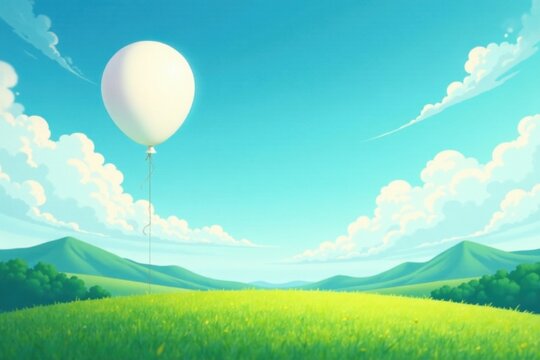 A solitary white balloon floats gently above a vibrant green field, under a vast blue sky dotted with fluffy white clouds and rolling hills in the distance.