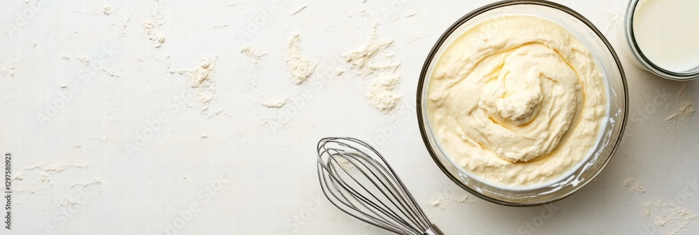 Poster Whipped cream preparation with whisk and milk on a kitchen counter. Generative AI