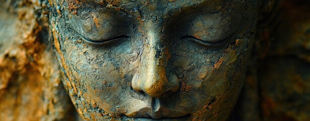 Serene Stone Face A Close-Up of a Weathered Sculpture