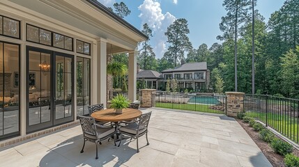 Luxury patio dining area, backyard view
