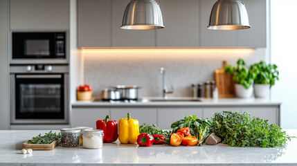 Sleek modern kitchen with fresh ingredients neatly arranged on a marble countertop