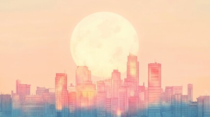 Fototapeta premium Serene Cityscape at Sunset A Watercolor Dream